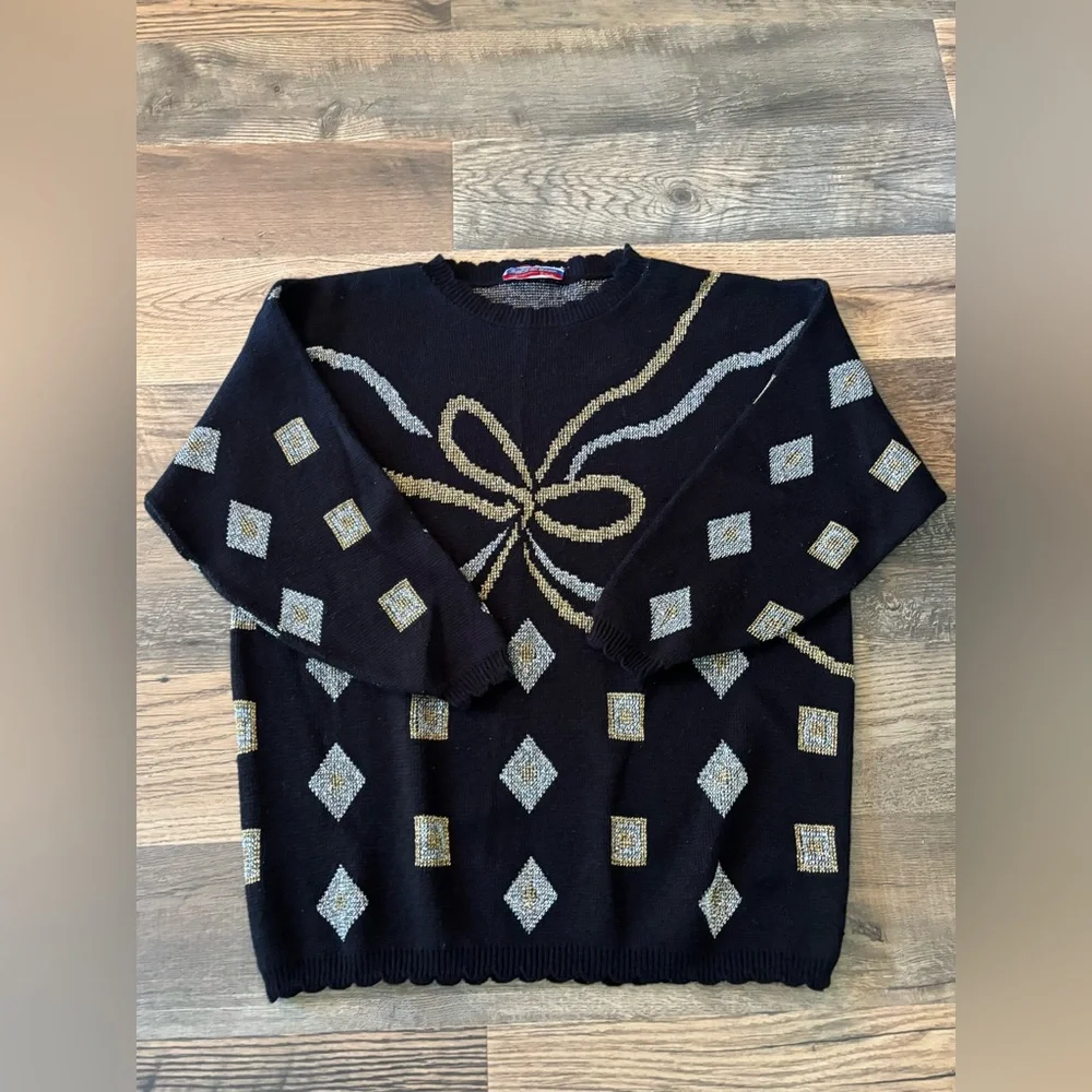VTG 80’s Sparkly Oversized Chunky Sweater Acrylic Metallic Ribbon‎ Bow Granny